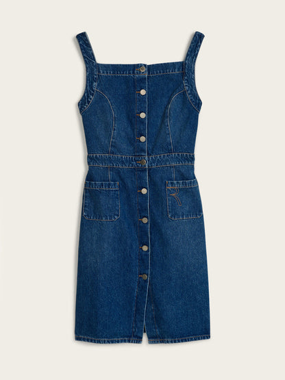 CATHOU original indigo denim fitted strappy dress, flat packshot by Rouje