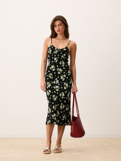 DARIA black Jardin secret floral print midi dress, front view by Rouje