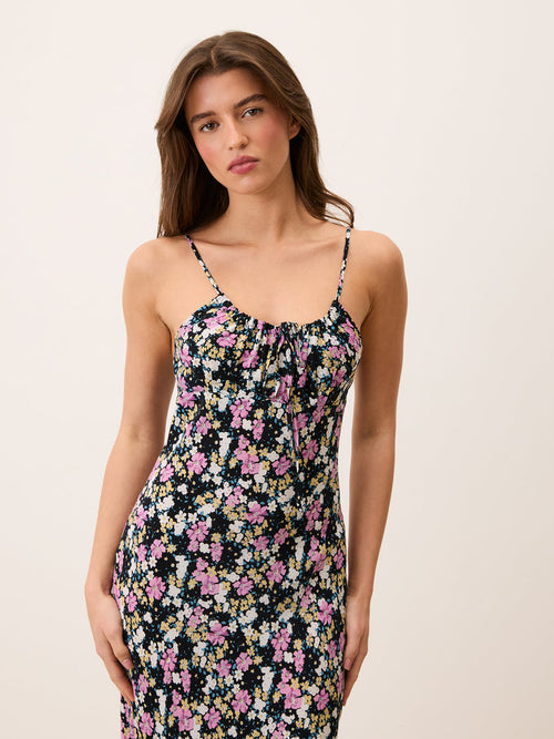 DARIA black Prairie floral spaghetti strap midi dress, front view by Rouje