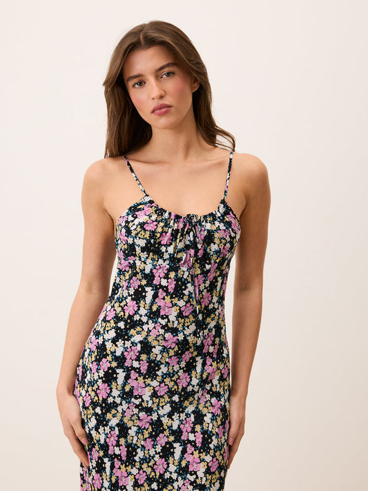 DARIA black Prairie floral spaghetti strap midi dress, front view by Rouje