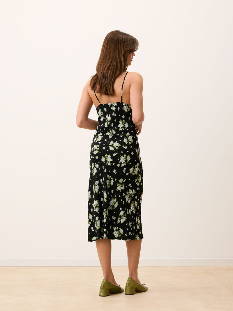 DARIA black Jardin secret floral midi dress, back view by Rouje