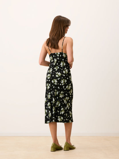 DARIA black Jardin secret floral midi dress, back view by Rouje