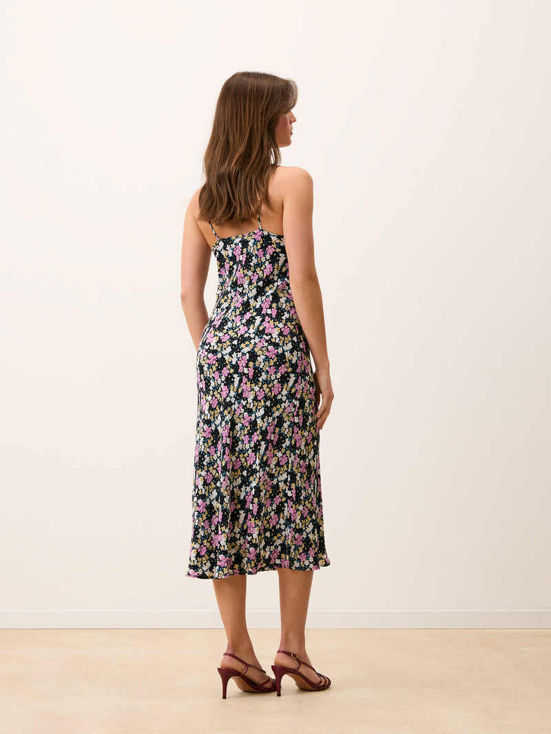 DARIA black Prairie floral midi dress, detail of tie neckline by Rouje