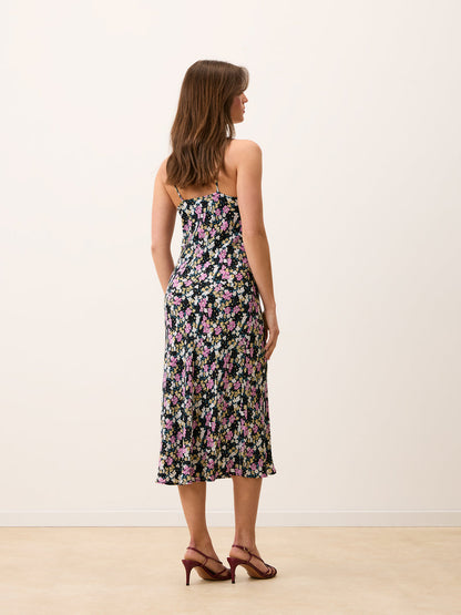 DARIA black Prairie floral midi dress, detail of tie neckline by Rouje