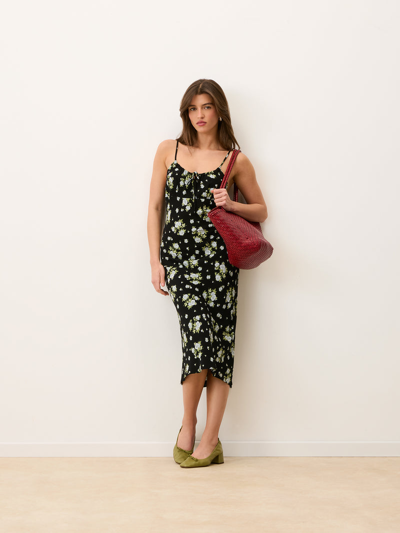 DARIA black floral print midi dress, side view by Rouje