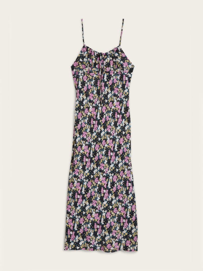 DARIA black Prairie floral spaghetti strap midi dress, flat packshot by Rouje