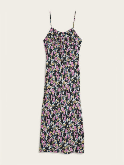DARIA black Prairie floral spaghetti strap midi dress, flat packshot by Rouje