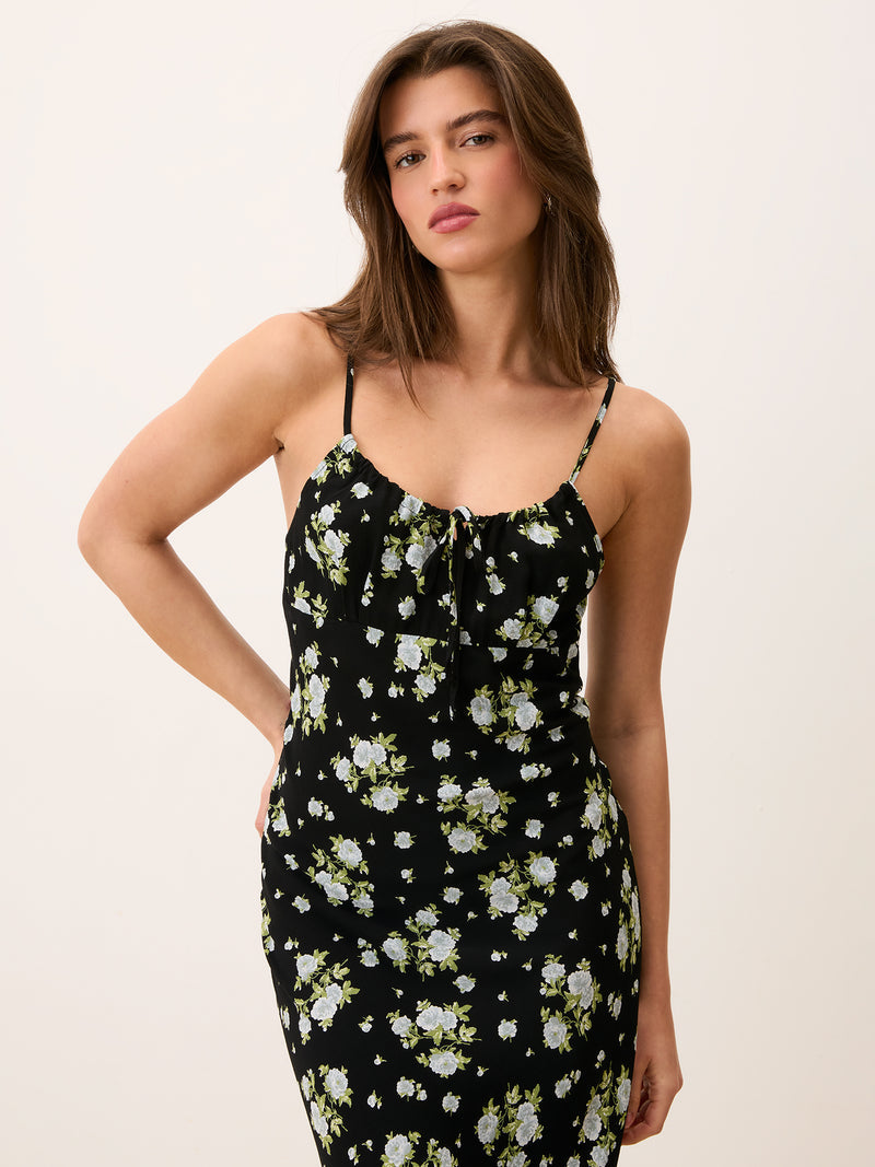 DARIA black Jardin secret floral midi dress, 3/4 view by Rouje