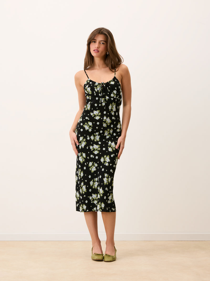 DARIA black floral print midi dress, detail of tie neckline by Rouje