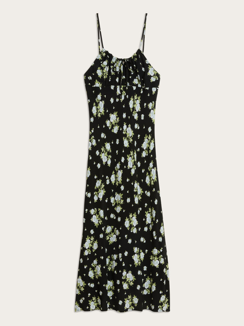 DARIA black Jardin secret floral print midi dress, flat packshot by Rouje