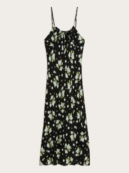 DARIA black Jardin secret floral print midi dress, flat packshot by Rouje