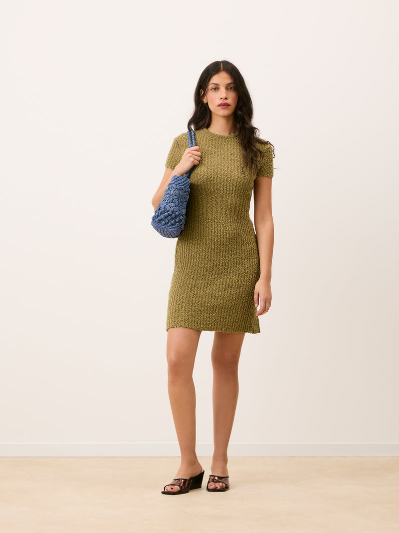 DESIREE almond green fitted ribbed cotton dress, front view by Rouje