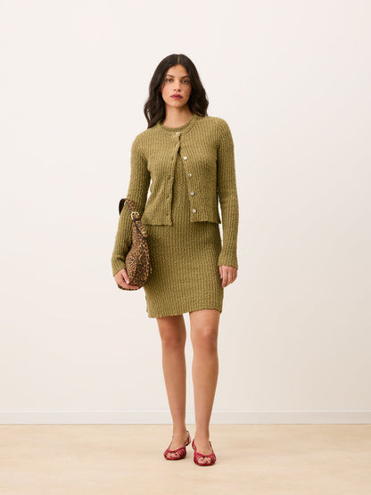 DESIREE almond green fitted ribbed cotton dress, detail of contrasting waistband by Rouje