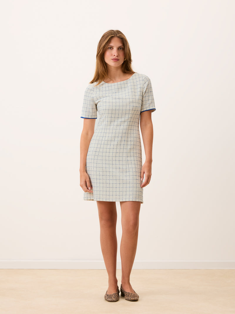 ELENORE ecru kitchen-check short dress, back view by Rouje