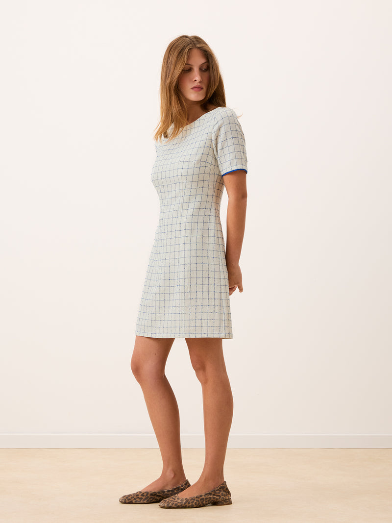 ELENORE ecru kitchen-check cotton short dress, side view by Rouje