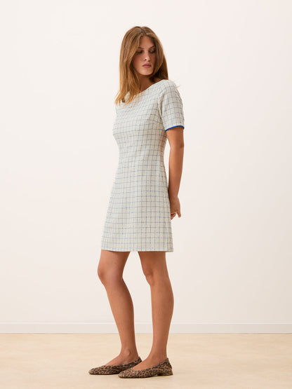 ELENORE ecru kitchen-check cotton short dress, side view by Rouje