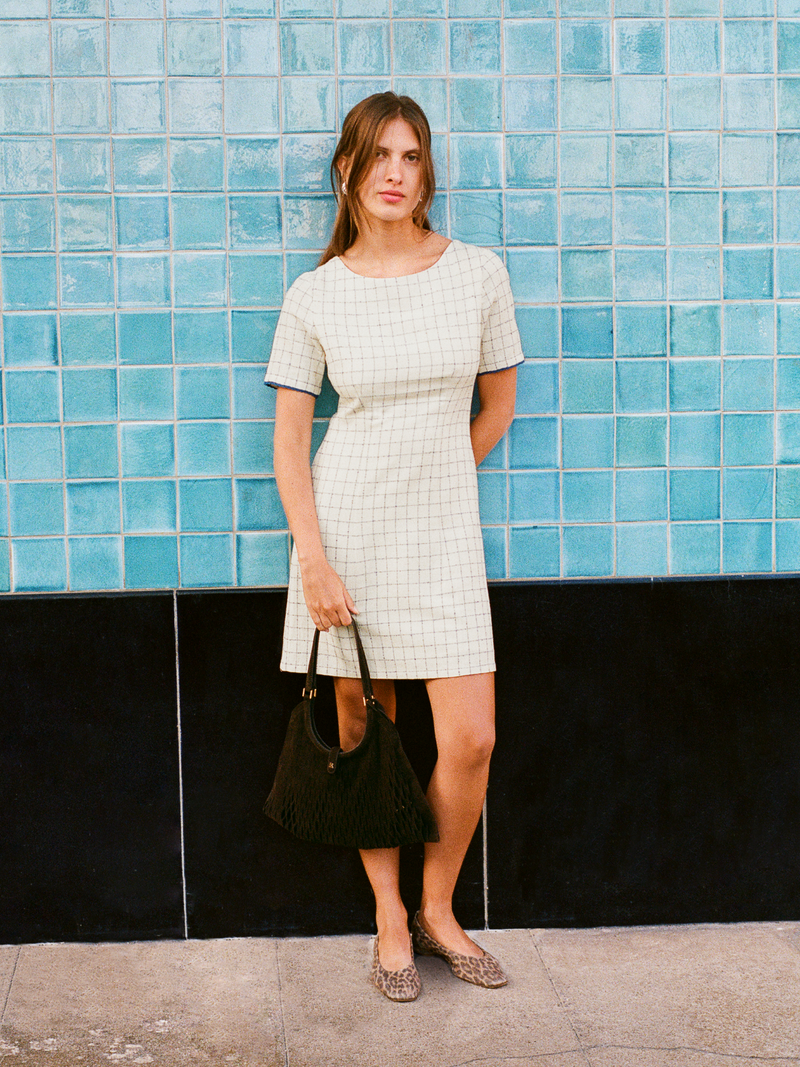 ELENORE ecru kitchen-check short cotton dress, flat packshot by Rouje