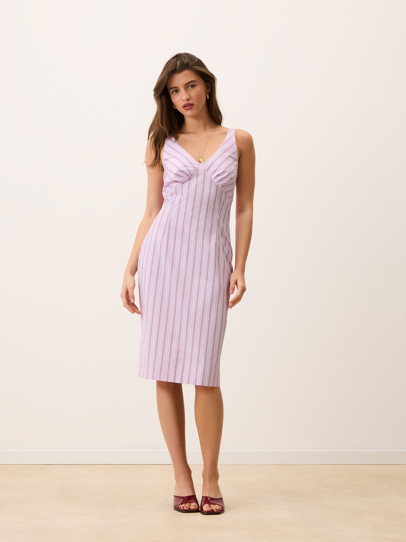 ELIANA pink striped midi dress, side view by Rouje