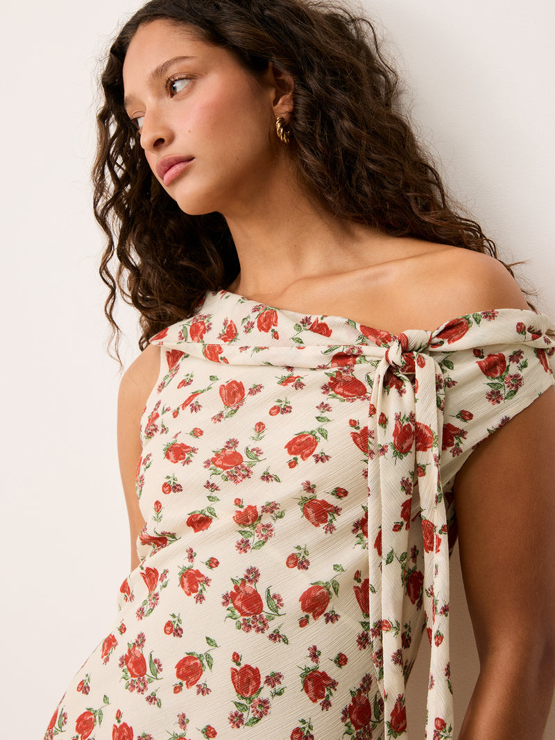 ERIN white floral off-the-shoulder dress worn on a model by Rouje