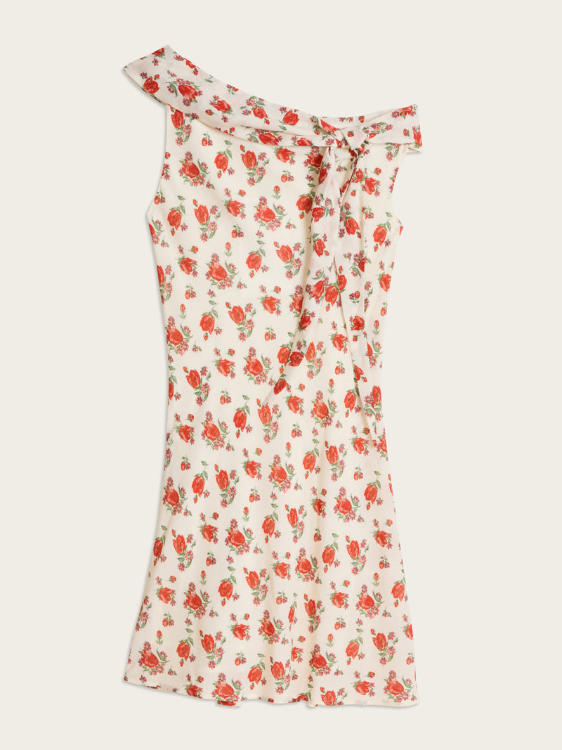 ERIN white Balade bucolique floral off-the-shoulder short dress, flat packshot by Rouje