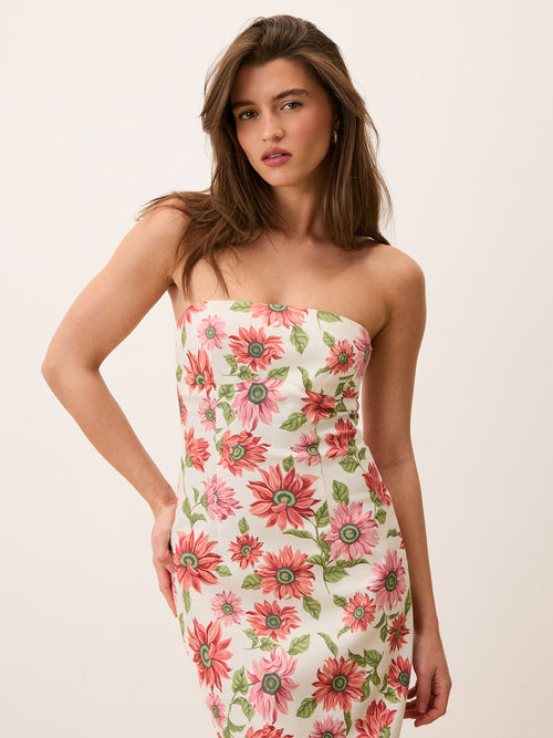 EVY ecru Sunflower floral print midi dress with straps, front view by Rouje