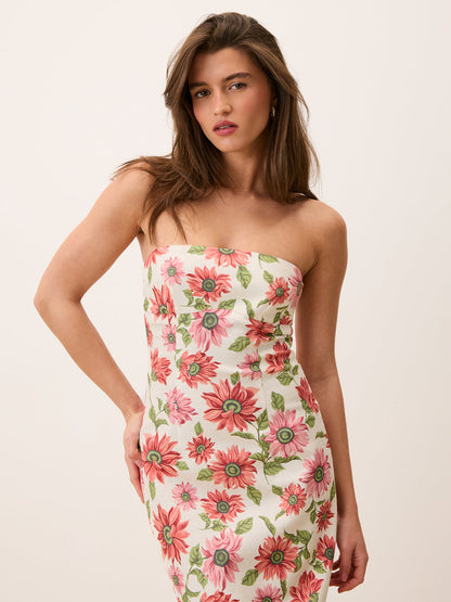 EVY ecru Sunflower floral print midi dress with straps, front view by Rouje