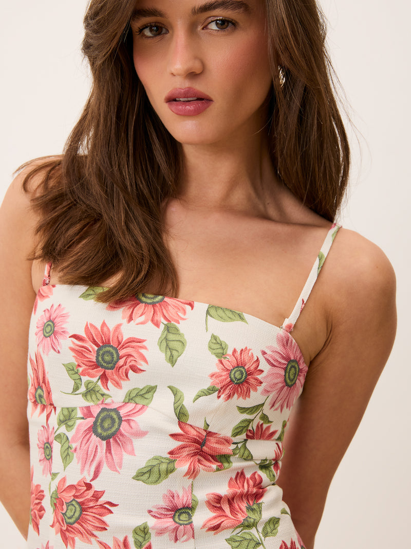 EVY ecru floral midi dress worn on a model by Rouje