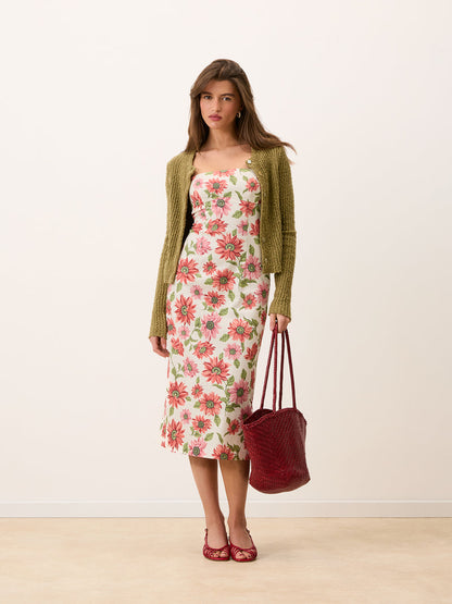 EVY ecru Sunflower floral midi dress, 3/4 view by Rouje