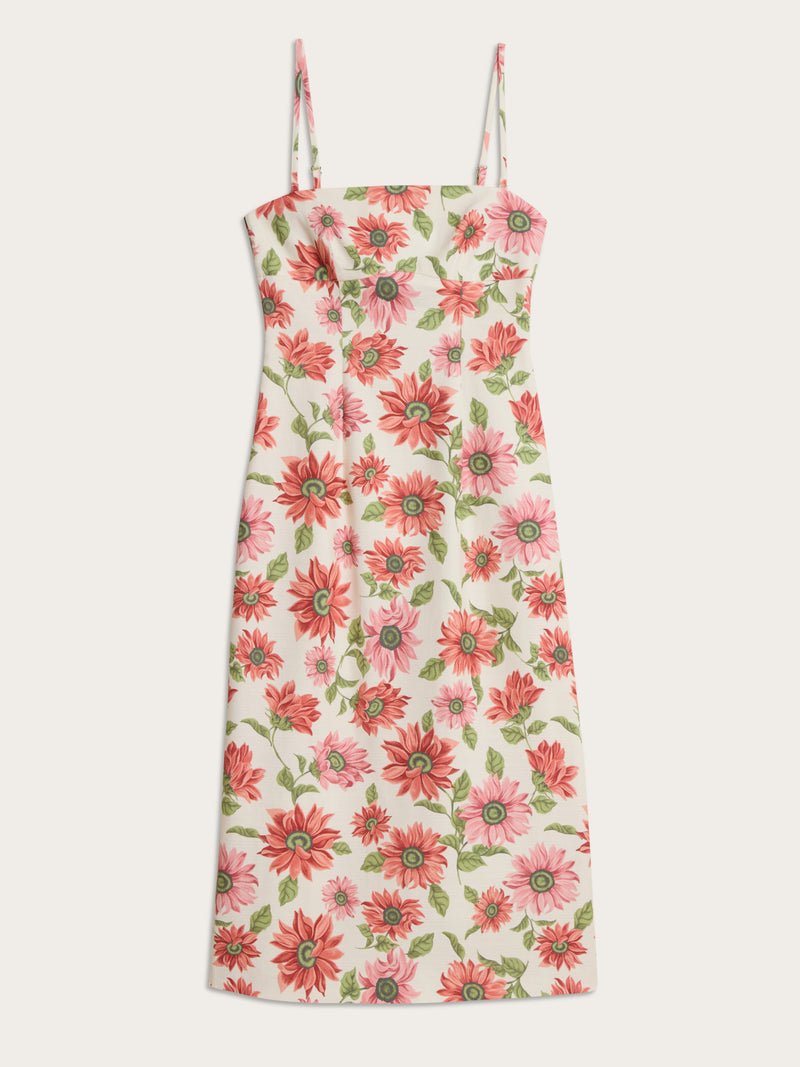 EVY ecru Sunflower floral print midi dress, flat packshot by Rouje
