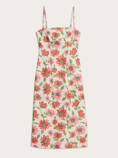EVY ecru Sunflower floral print midi dress, flat packshot by Rouje