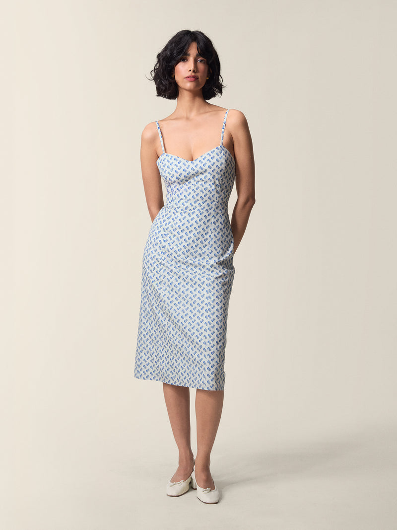 Front view of the Flora blue dress