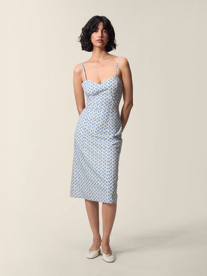 Front view of the Flora blue dress