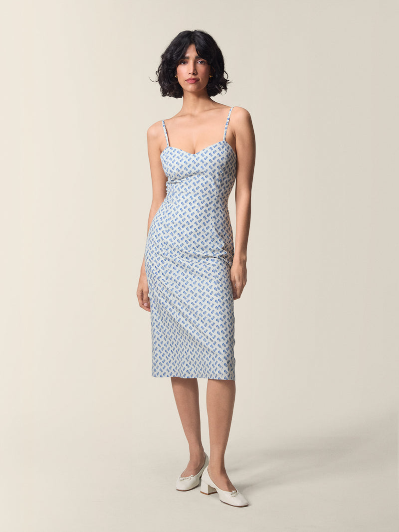 Front view of the blue Flora dress for women.