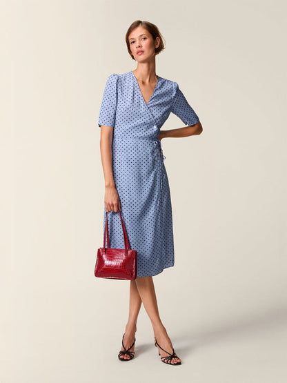 GABIN horizontal polka dot print wrap midi dress, front view by Rouje