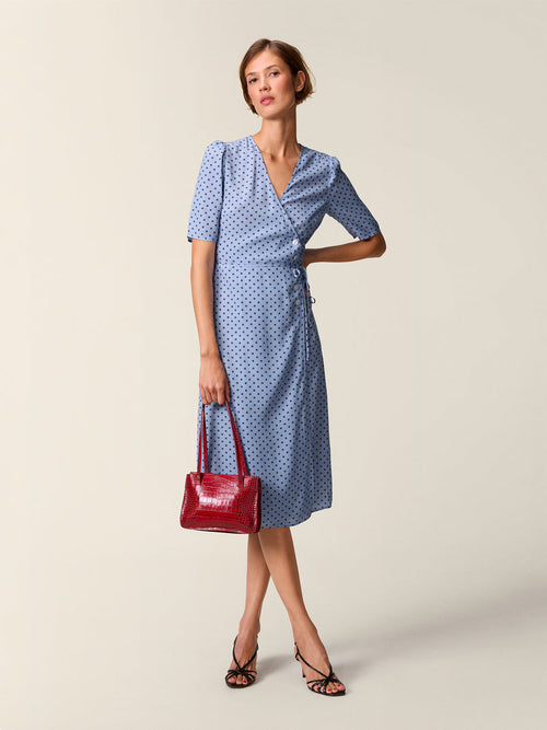 GABIN horizontal polka dot print wrap midi dress, front view by Rouje