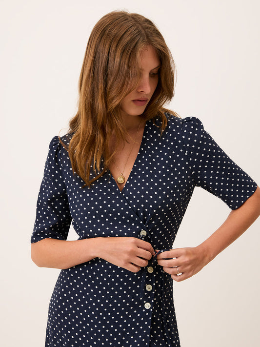 GABIN navy blue mini polka dot print midi wrap dress, front view by Rouje