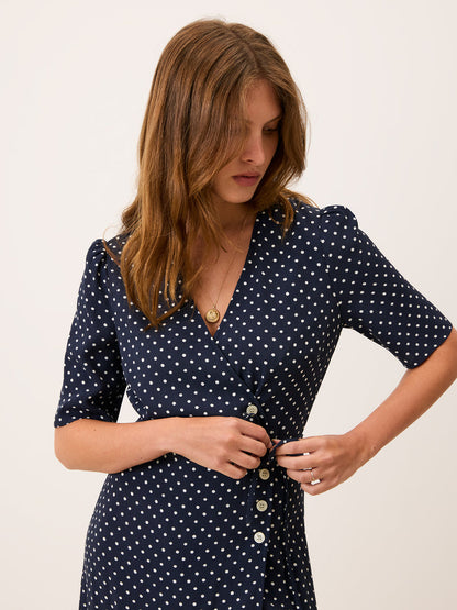 GABIN navy blue mini polka dot print midi wrap dress, front view by Rouje