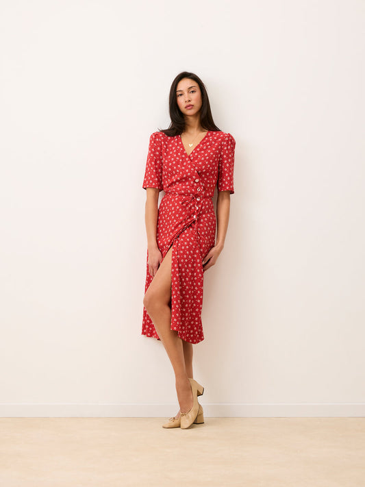 GABIN Arlesienne red print midi wrap dress, front view by Rouje