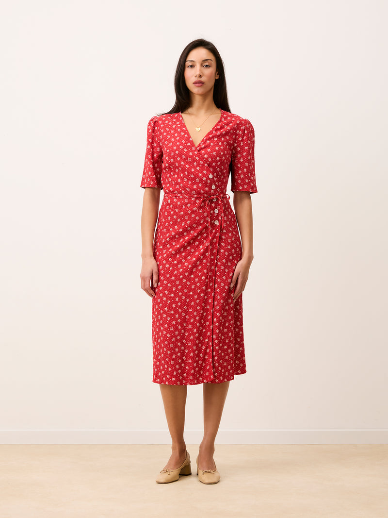 GABIN red print midi wrap dress worn on a model by Rouje