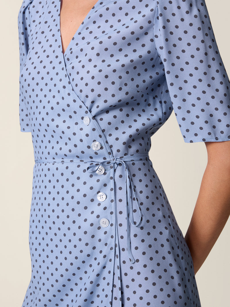 GABIN polka dot wrap dress worn on a model by Rouje