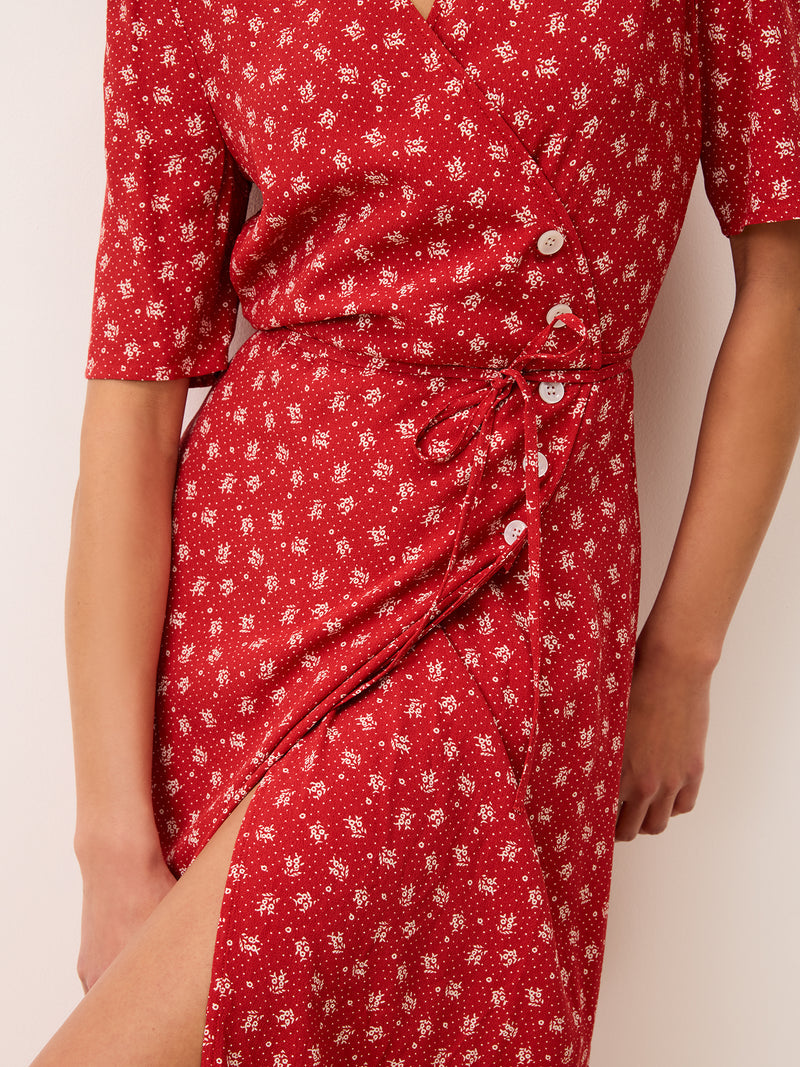 GABIN Arlesienne red wrap midi dress, back view by Rouje