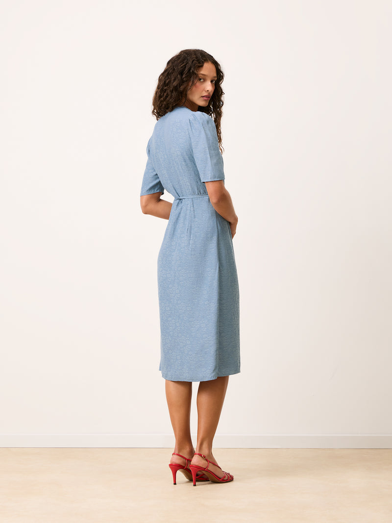 GABIN sky blue lace wrap midi dress, back view by Rouje