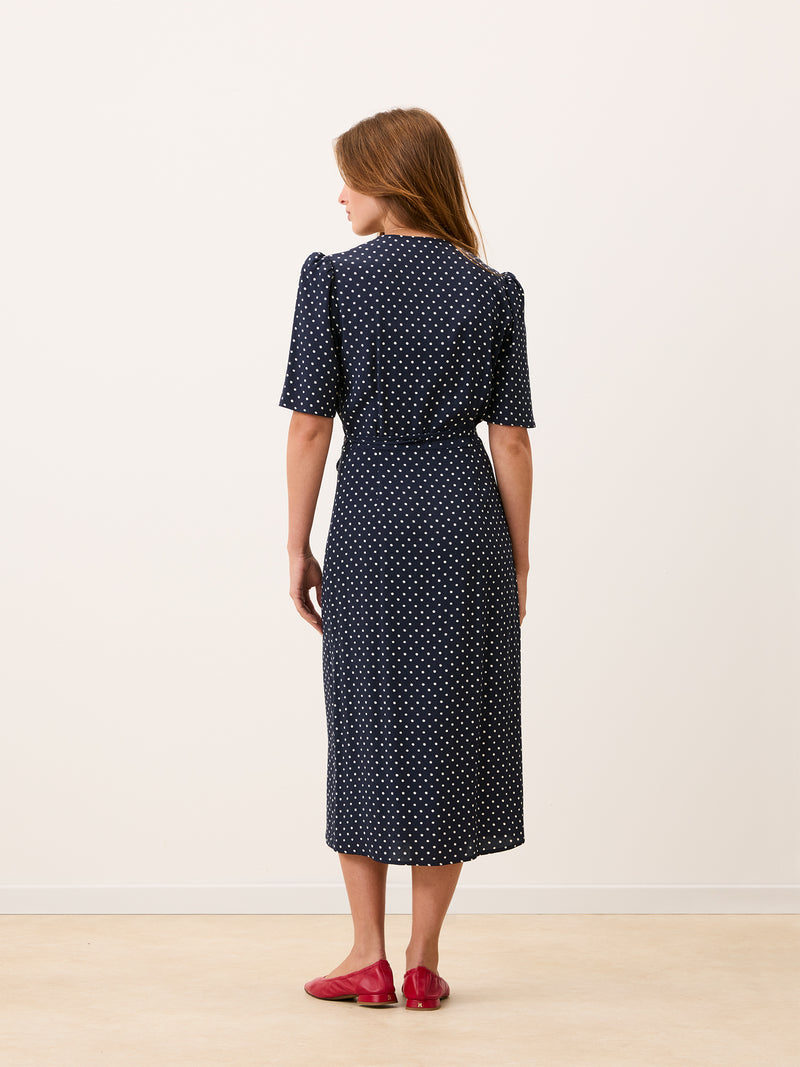 GABIN navy blue polka dot midi wrap dress, back view by Rouje