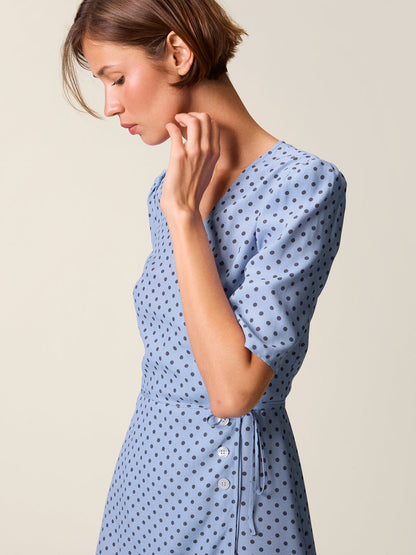 GABIN polka dot wrap dress, detail of pearl buttons by Rouje
