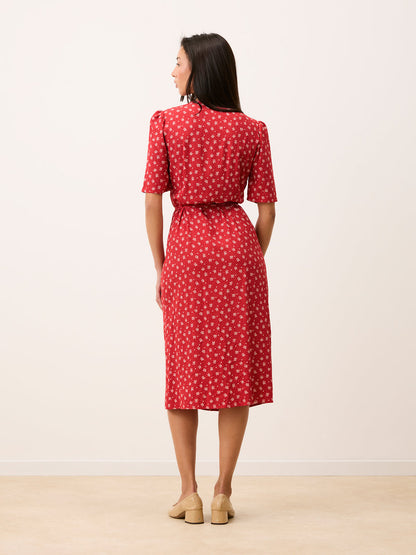 GABIN red print midi wrap dress, detail of ruffles on shoulders by Rouje