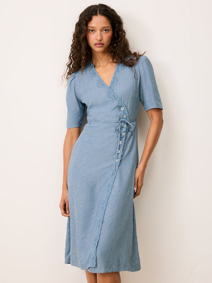 GABIN sky blue Mist lace wrap midi dress, detail of gathered shoulders by Rouje