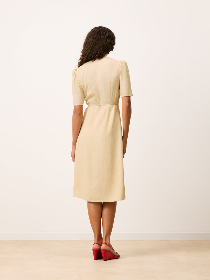 GABIN cream lace wrap midi dress, detail of gathered shoulders by Rouje