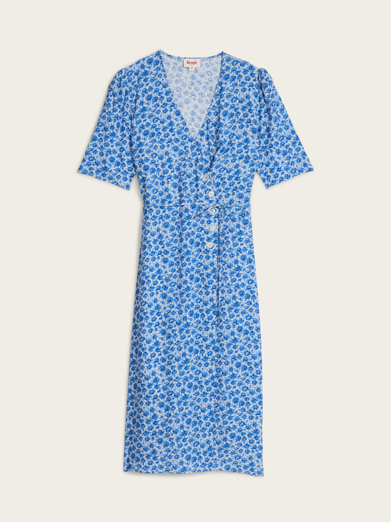 GABIN blue Rose Radieuse floral midi wrap dress, flat packshot by Rouje