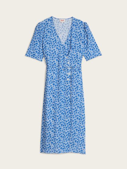 GABIN blue Rose Radieuse floral midi wrap dress, flat packshot by Rouje