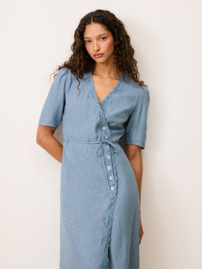 GABIN sky blue Mist lace wrap midi dress, 3/4 view by Rouje